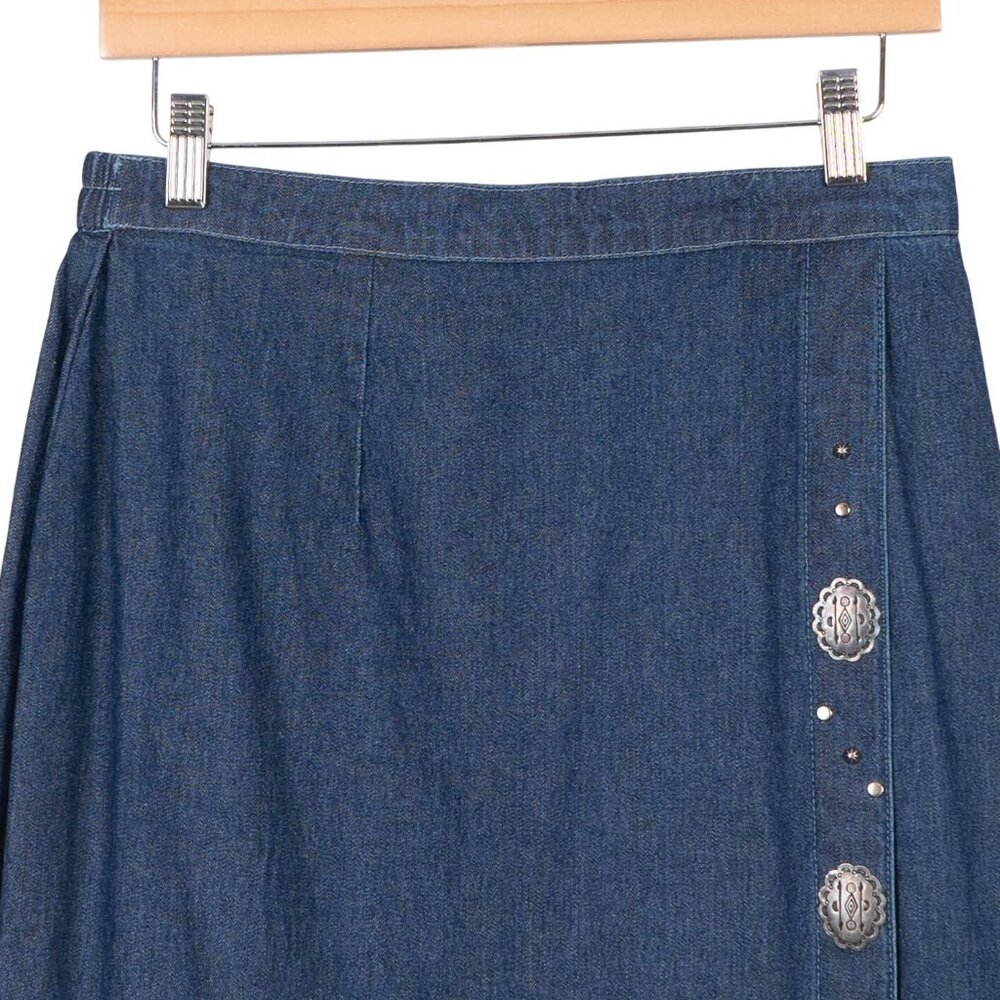 River Ridge VTG Denim Maxi Skirt 10 Womens Western Silver Button Elastic Waist - Picture 2 of 6